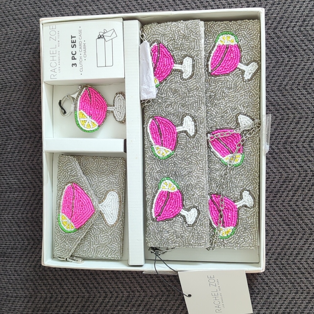 🌷VIRAL Rachel Zoe Pink Cocktail Beaded Clutch Set Card Case Charm